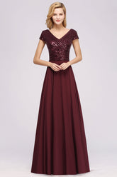Chic Sequined Top V-Neck Sleeveless Burgundy Bridesmaid dresses